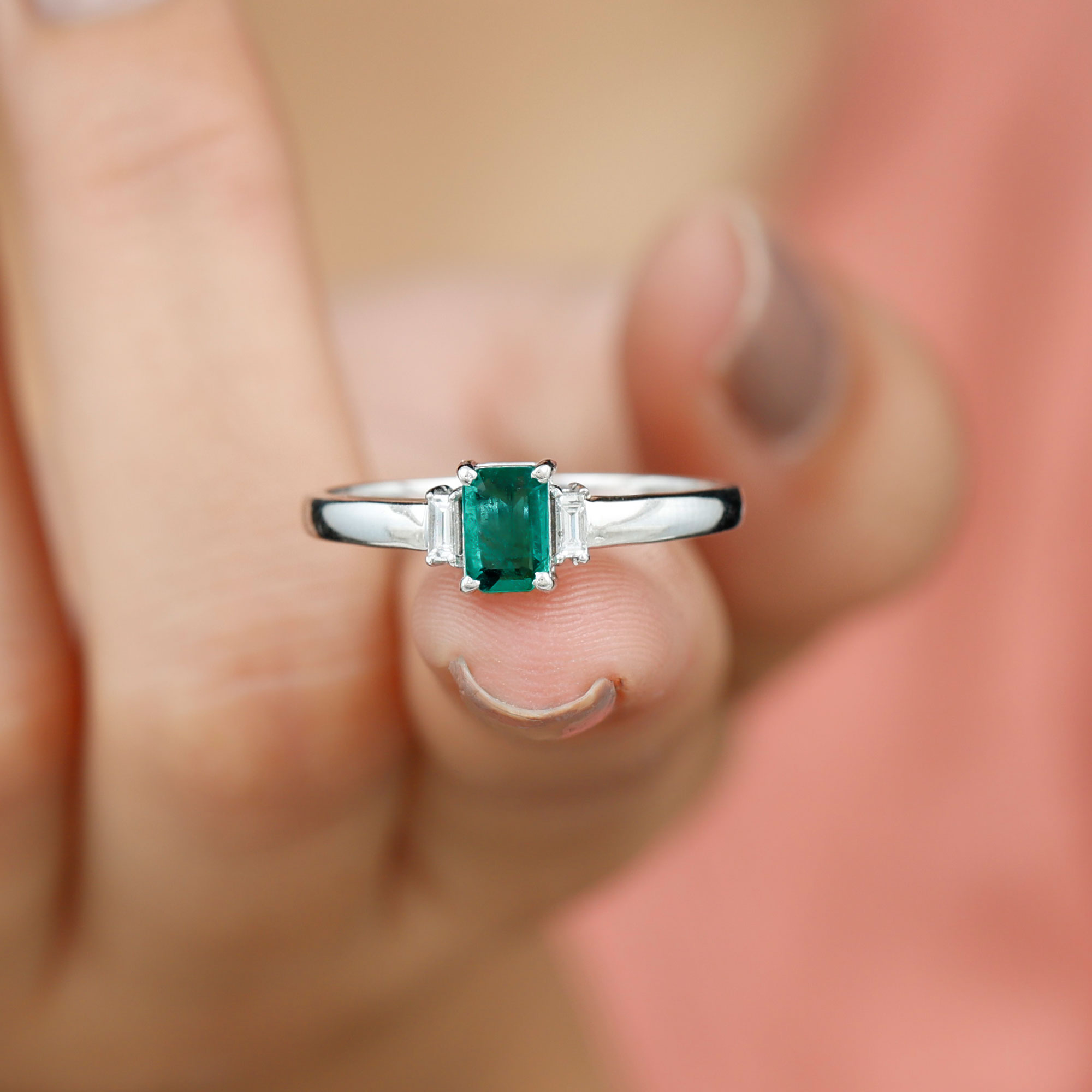 Emerald Cut Solitaire Engagement Ring with Emerald and Diamond